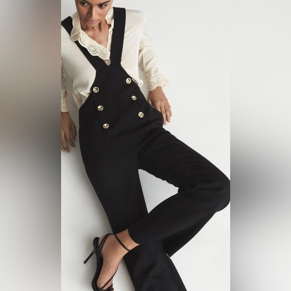 REISS Sz 6 Vittoria Dungaree Wool Blend Jumpsuit Gold Buttons Adjustable Straps - Picture 2 of 15